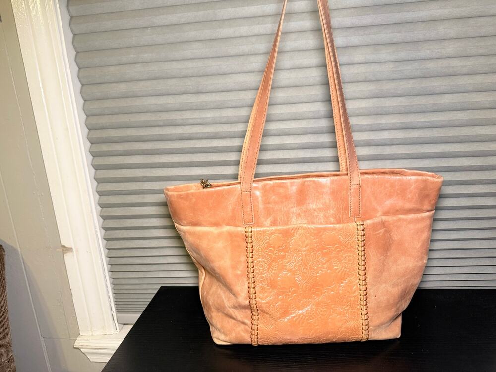 The Sak Tan Distressed Tote Bag Embossed Floral Faux Leather Shoulder Purse Boho
